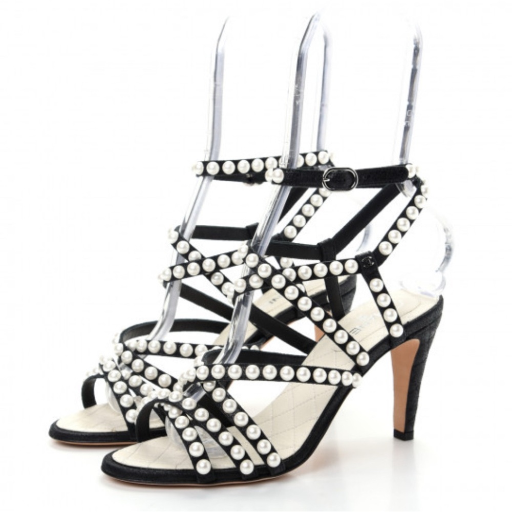 Chanel Crackled Lambskin Pearl Embellished Black Quilted Leather Sandals 40.5